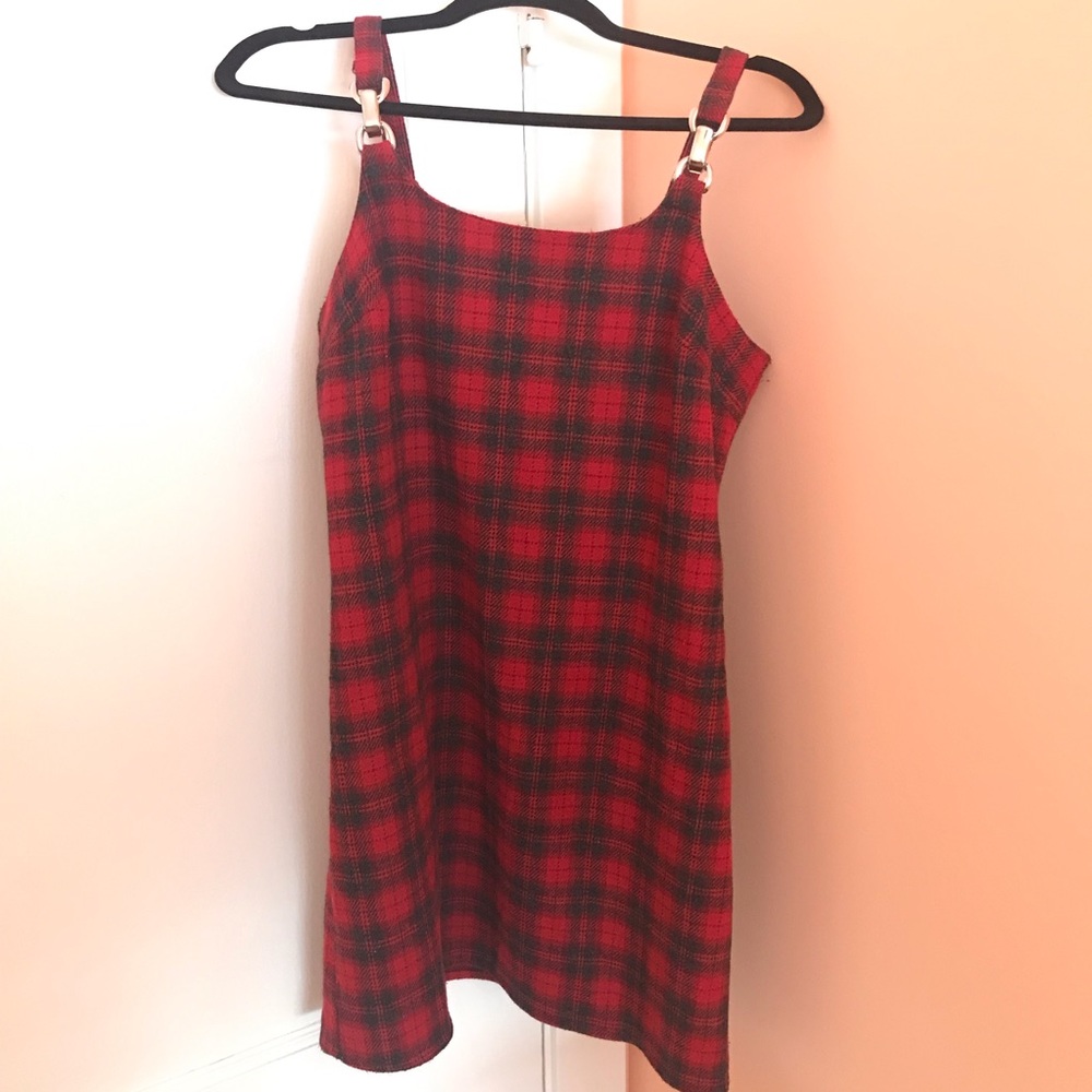 red and black plaid dress with buckles